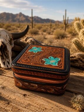 Tooled Hand-painted Leather Zip Jewlery Box